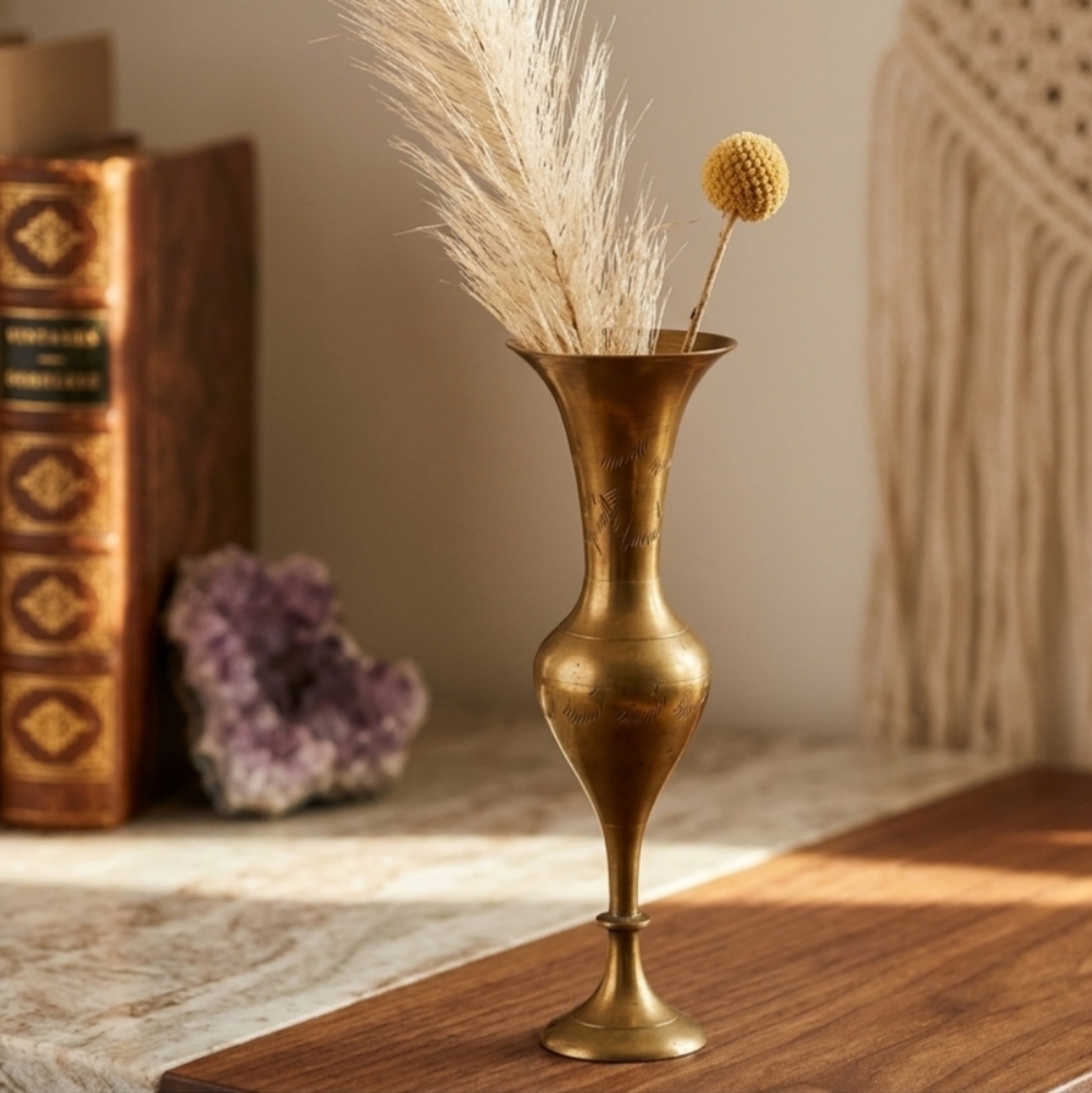 Vintage 6" Brass Bud Vase Etched Gold Patina‎ Decorative Small MCM Collectible